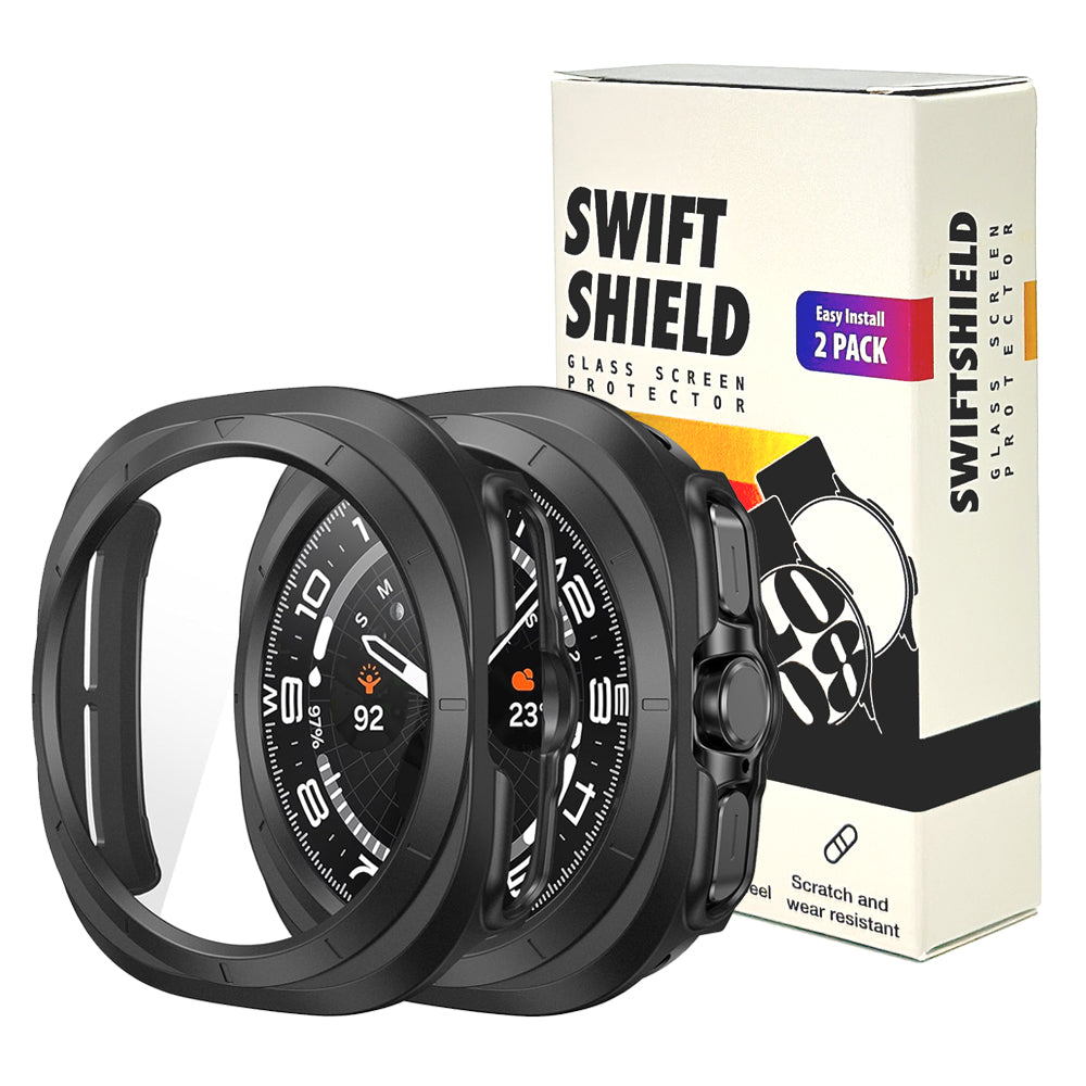 Samsung Galaxy Watch Ultra 47mm Case with Glass Screen Protector by SwiftShield (2 Pack - Black + Clear)